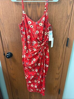 Red Floral Midi Dress with Twist Detail NWT